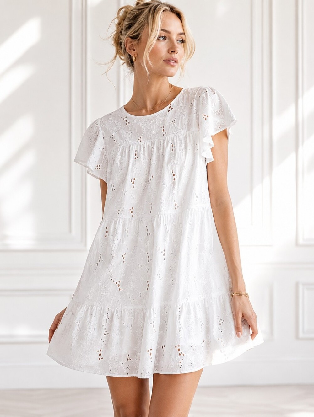 Simplee | White Eyelet Lace Babydoll Dress 100% Cotton | Size Large